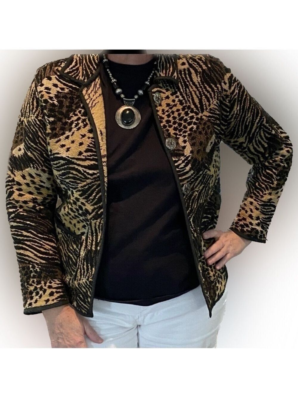 Jane Ashley - 1990’s Leopard print Tapestry jacket Sz M but fits L Woven Cotton